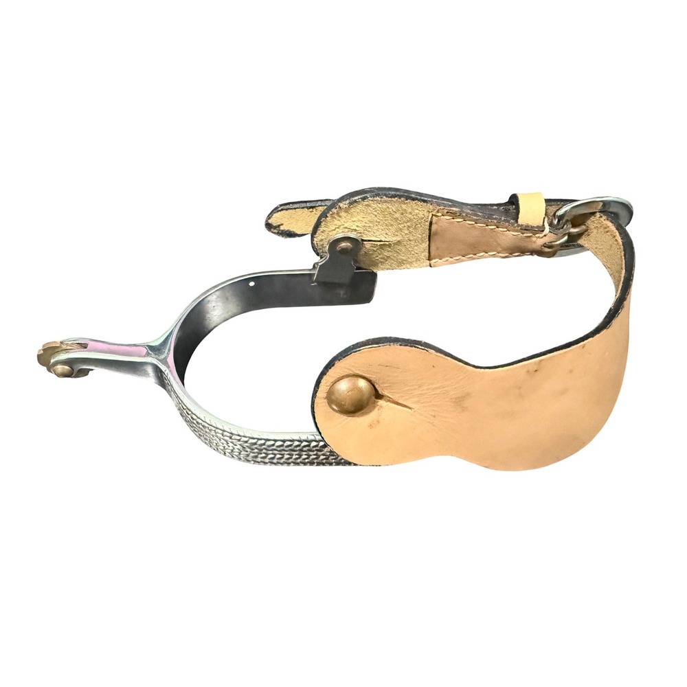 1 Western Basketweave Engraved Stainless Steel Spur Tan Leather Strap Single